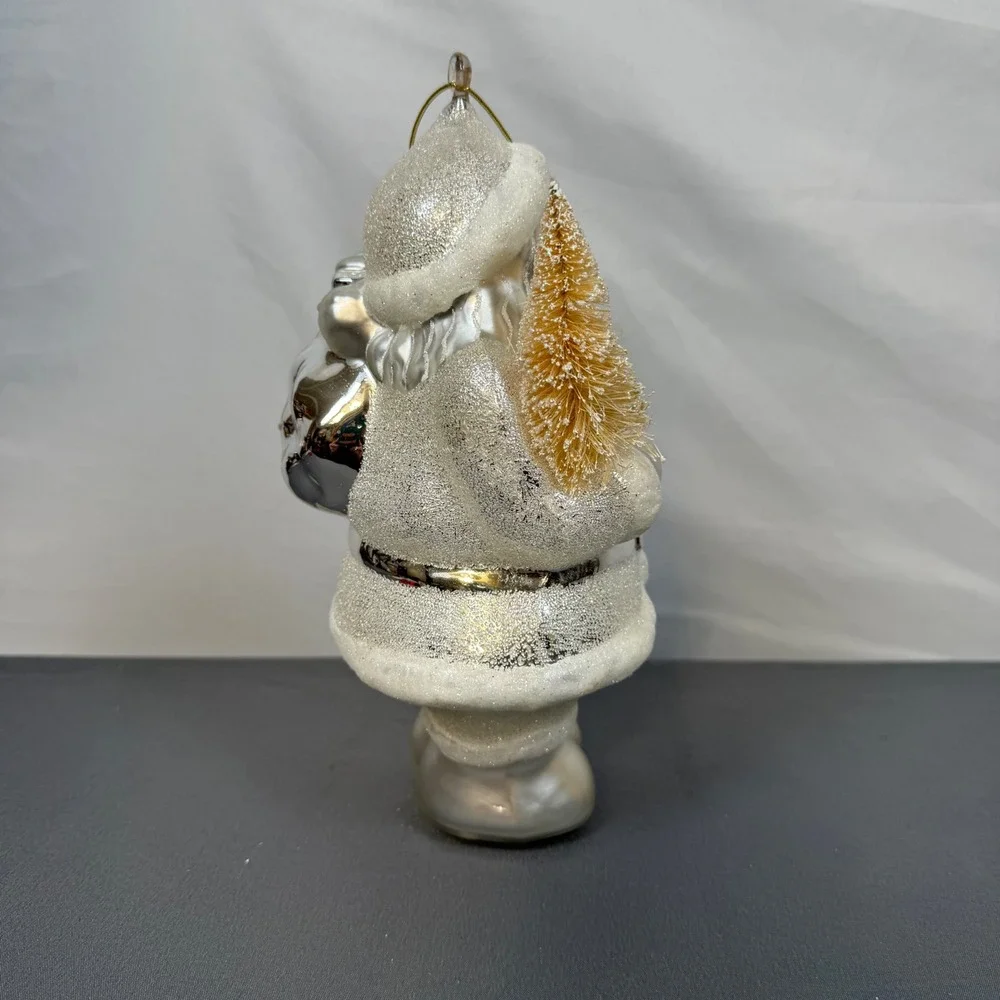 Dept 56 Spirit Santa Claus Christmas Large Ornament Glass Tree Bag Silver White‎